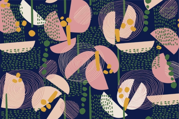 Vibrant abstract wallpaper with geometric shapes and floral elements: pink and cream semicircles, green dots, yellow circles, and spiral lines on a dark navy blue background; dynamic modern design with house funk flair.