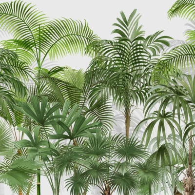 Wallpaper description:
A dense group of various green tropical palm trees featuring fan-shaped, feathery, and broad leaves. The vibrant foliage stands timelessly against a light gray background. Elements include lush greenery with different shapes and sizes of leaves, contributing to a vivid and diverse appearance. Colors: green, light gray.