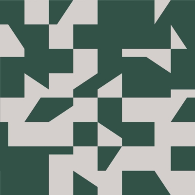 Abstract wallpaper featuring dark green geometric shapes on a white background. Irregular shapes create a mosaic-like appearance with sharp angles and straight edges. Modern, visually dynamic design reminiscent of Funk House aesthetics.