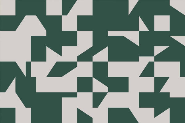 Abstract wallpaper featuring dark green geometric shapes on a white background. Irregular shapes create a mosaic-like appearance with sharp angles and straight edges. Modern, visually dynamic design reminiscent of Funk House aesthetics.