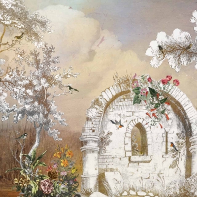 Discover a whimsical, serene wallpaper featuring an aged stone structure with an arched window adorned with red roses and ivy. Surrounding are tall, slender white trees and various colorful flowers. Birds perch on branches and the structure, all under a soft, muted sky creating a peaceful ambiance. Key elements: stone structure, arched window, red roses, ivy, white trees, colorful flowers, birds on branches.