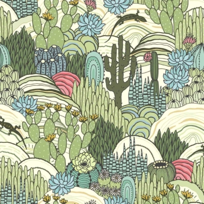 The wallpaper features a whimsical, colorful desert landscape illustration with various cacti, succulents, and desert flora. Bathed in sunshine, the scene includes green cacti, blue succulents, and pink desert plants. Hills and playful lines create a lively, patterned background. Keywords: whimsical wallpaper, colorful desert landscape, green cacti wallpaper, blue succulents wallpaper, pink plants background.
