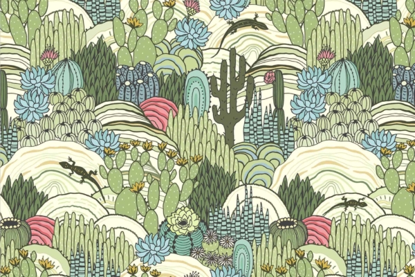 The wallpaper features a whimsical, colorful desert landscape illustration with various cacti, succulents, and desert flora. Bathed in sunshine, the scene includes green cacti, blue succulents, and pink desert plants. Hills and playful lines create a lively, patterned background. Keywords: whimsical wallpaper, colorful desert landscape, green cacti wallpaper, blue succulents wallpaper, pink plants background.