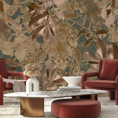The wallpaper features a bold, earthy-toned botanical print with rich greens, deep browns, muted golds, and subtle hints of burgundy.