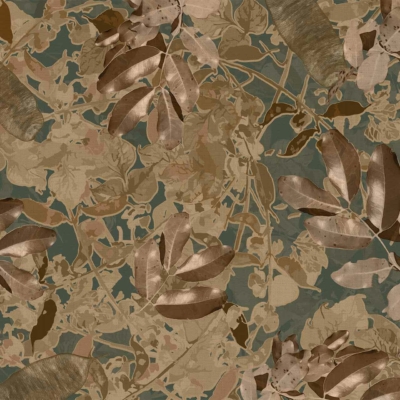 A detailed wallpaper pattern featuring various plants and leaves in shades of brown and tan, set against a muted greenish-blue background. The design has an organic, natural feel, reminiscent of a time when nature thrived untouched. Overlapping foliage creates a dense, textured appearance. Highlights include brown leaves, tan plants, and a greenish-blue backdrop.