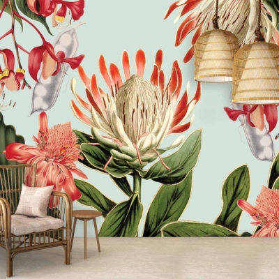 Wall features: illustrated floral mural, vibrant red and orange flowers, lush green leaves, light blue background.