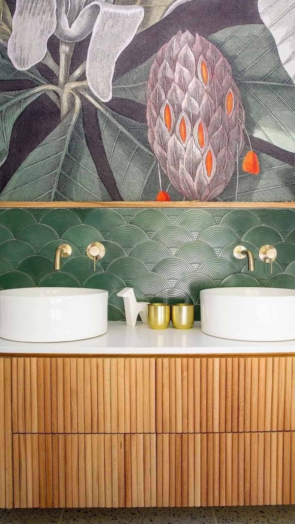 The wallpaper in the modern bathroom features a large, intricate botanical mural with detailed leaves and flowers. The design includes lush green foliage and colorful floral elements, making it an eye-catching piece for any interior design portfolio.