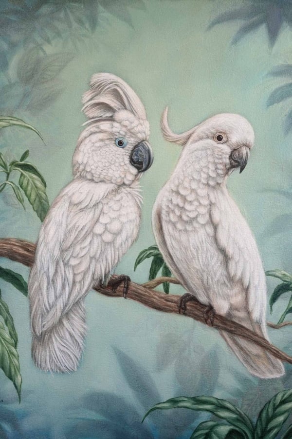 The wallpaper features:
- Two white cockatoos perched on a branch
- Left bird with a prominent crest standing up
- Right bird with a smaller, curved crest
- Striking white feathers of the cockatoos
- Soft green hues and hints of leaves in the background, creating a natural setting