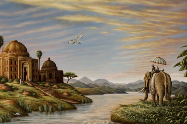 Wallpaper: 
- Serene, surreal scene
- Elephant with rider holding umbrella
- Calm river 
- Lush green banks
- Majestic building with domes 
- Mountain backdrop
- Colorful evening sky (pinks, purples, oranges)
- Bird flying above
