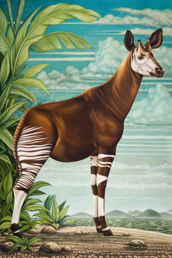 **Wallpaper Illustration:**

- **Elements:**
  - Okapi with a brown body, white stripes on legs and hindquarters
  - Black Rhino
  - Rocky ground
  - Lush green leaves to the left
  - Gradient blue sky filled with clouds

- **Colors:**
  - Brown (Okapi body)
  - White (Okapi stripes)
  - Black (Rhino)
  - Green (Leaves)
  - Blue (Sky gradient)