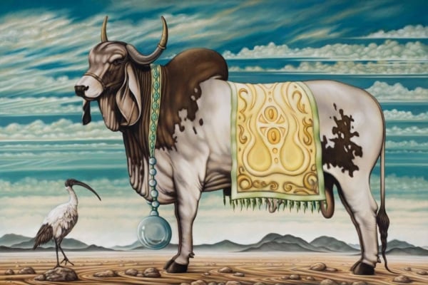 Wallpaper elements: 

- Large cow adorned with elaborate jewelry and decorative cloth.
- Barren landscape.
- Cloud-striped sky.
- Ibis with a long beak, positioned to the left, gazing up at the cow.
- Distant mountains in the background.
- Silhouette of a Black Rhino.

Color highlights:

- Rich tones for jewelry and decorations on the cow: gold, emerald, ruby shades.
- Earthy browns and tans for barren landscape.
- Soft grays and whites for cloud-striped sky. 
- Subtle pinks and creams for ibis details. 
- Hazy blues and purples for distant mountains.