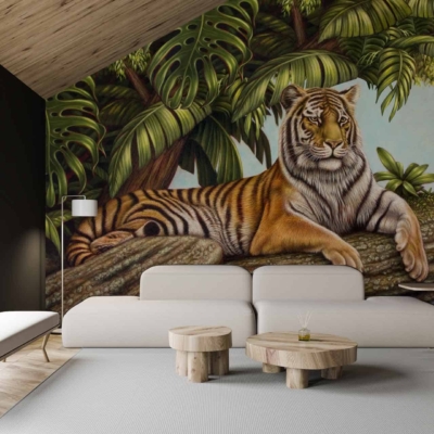The wallpaper features a stunning mural of a tiger lounging on a tree branch amid lush greenery, accented with shades of green, brown, and orange. Inset within the mural is an image of a majestic black rhino. The vibrant colors and detailed wildlife create a captivating visual focal point in the room.