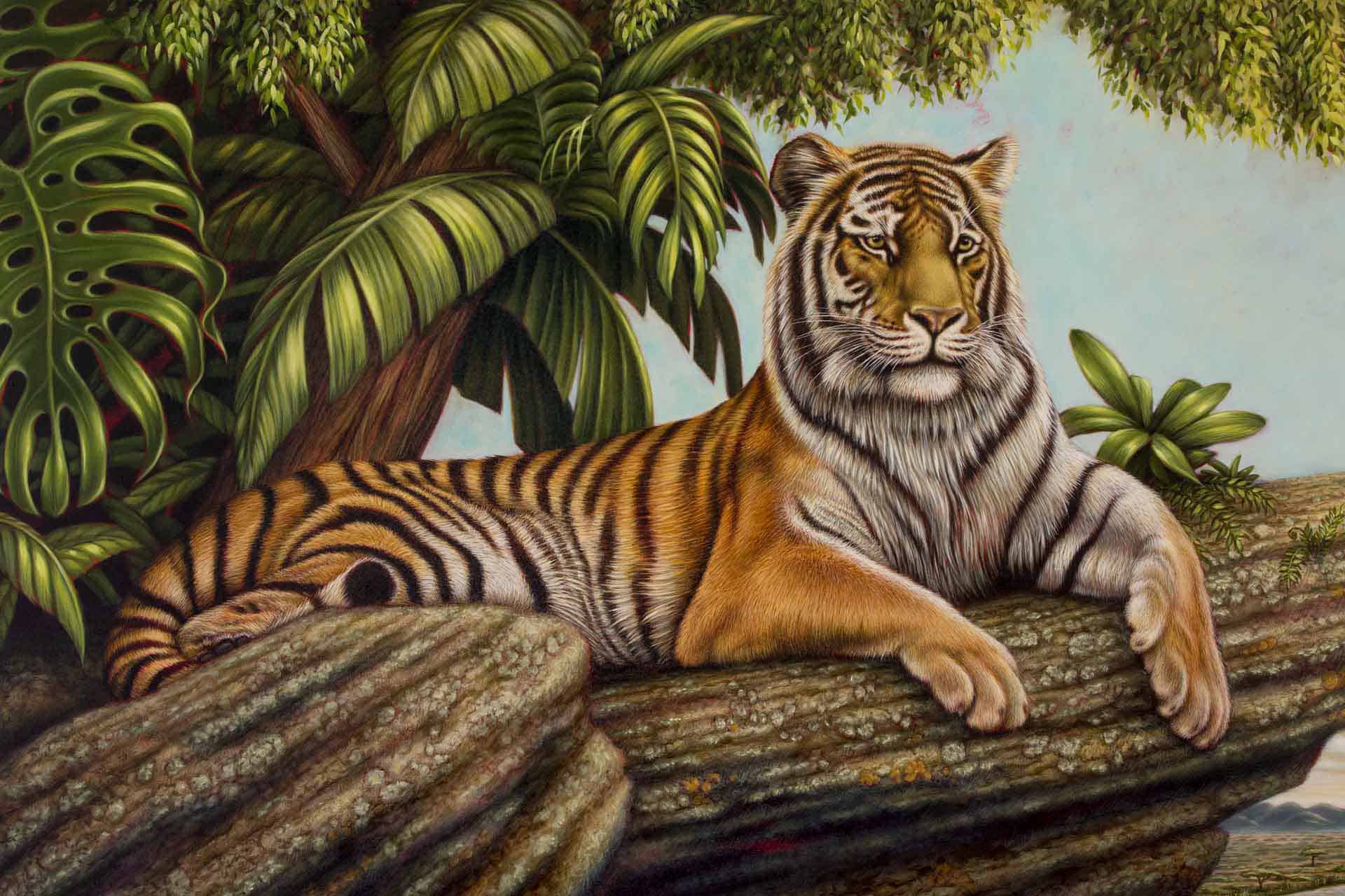 The wallpaper features a tiger lying on a large log surrounded by lush greenery. Key elements include detailed foliage with large leaves and tropical plants. Colors are rich greens, earthy browns, and soft light accents that create a natural, serene setting. The tiger has an orange coat with black stripes, gazing forward calmly against the softly lit background.