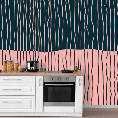 The wallpaper features a striking abstract design perfect for a modern kitchen. It showcases wavy lines in two vibrant colors: pink on the lower half and green on the upper half.