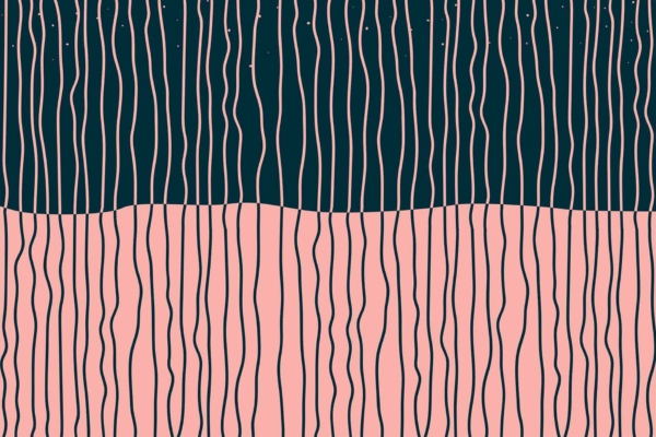 Abstract wallpaper showcases wavy vertical lines on a two-toned background. Top half features dark green, bottom half is light pink. Lines vary in thickness, creating flowing movement and inviting interpretation of its fluid forms.