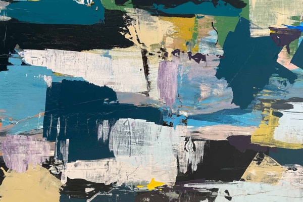 Abstract wallpaper featuring bold, overlapping brushstrokes in shades of blue, green, yellow, and white. Hints of purple and black add depth, creating a dynamic, layered effect that captivates the eye.