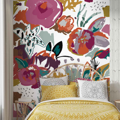 A vibrant bedroom featuring an artistic, multicolored floral mural wall serves as the focal point of this space. The wallpaper bursts with life through a multitude of colors - bold reds, deep blues, lush greens, and sunny yellows intermingle to create a captivating garden-like scene. Each flower is meticulously detailed; rich pink peonies mingle with delicate lavender blooms and striking orange marigolds. Verdant leaves in varying shades of green add depth and contrast to the scene. Splashes of iridescent purples and soft pastels bring complexity to the design. This lively display transforms the room into an enchanting oasis that perfectly embodies the essence of vitality and creativity inherent in Flawless's product line.