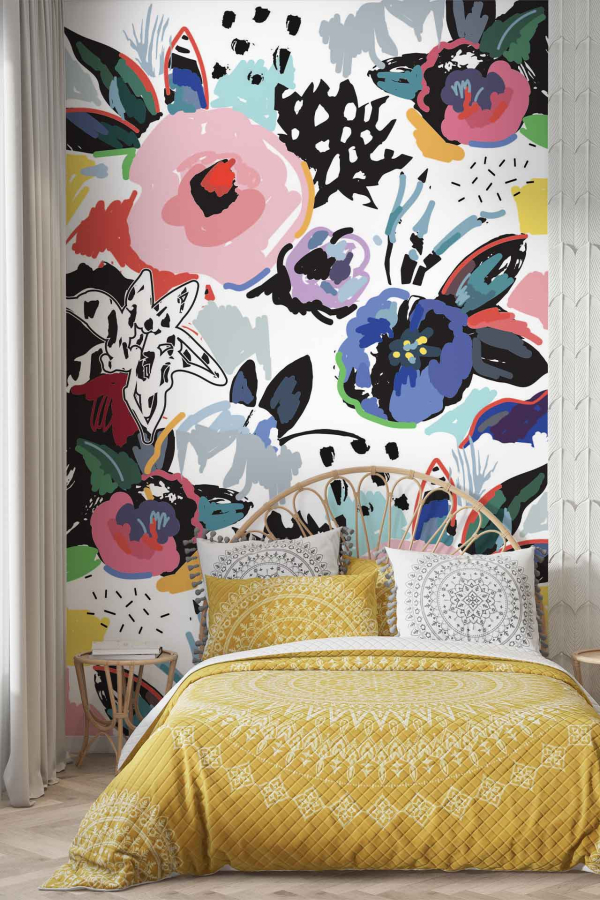 Wallpaper features abstract floral patterns in bold colors: pink, blue, purple, green, and black. The elements include intricate floral designs with a modern, artistic touch.