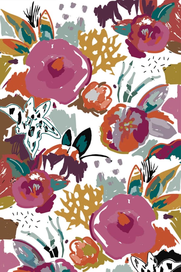 The wallpaper design, "Flawless," showcases a vibrant floral pattern with abstract flowers in shades of pink, purple, orange, and green. The wallpaper features large blossoms with visible brushstrokes, interspersed with leaves and other plant elements. All these lively details are set against a pristine white background.