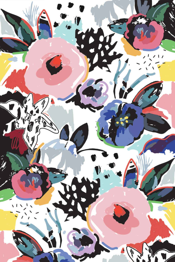 The "Flawless" wallpaper design features an abstract floral pattern teeming with flowers in vibrant shades of pink, blue, and purple. Green leaves provide a lively contrast, while black graphic elements add striking definition against the clean white background. Dynamic brush strokes and splashes of color further enhance its meticulously crafted and energetic appearance.