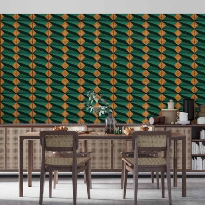 The dining room features a geometric patterned wallpaper in vibrant green and orange shades. The design incorporates interlocking shapes, creating a dynamic visual effect with its bold colors.
