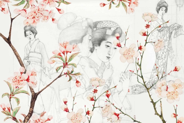 Wallpaper features:
- Three women in traditional Japanese attire
- Fine pencil sketches style
- Surrounded by cherry blossom branches
- Some blossoms and leaves colored in soft pinks and greens
- Harmonious blend of detail and simplicity
- Resembling classic Japanese films