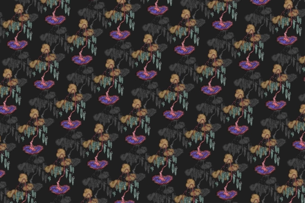Repeating pattern of colorful abstract flowers on a dark background, featuring intricate details with bright hues of pink, purple, blue, and yellow. Delicate, flowing green leaves surround the flowers. Design is vibrant and textured, evoking the enchanting beauty of a Memory Tree.