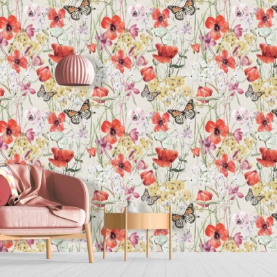 Colorful floral wallpaper featuring red poppies, yellow daffodils, and butterflies reminiscent of Japanese files.