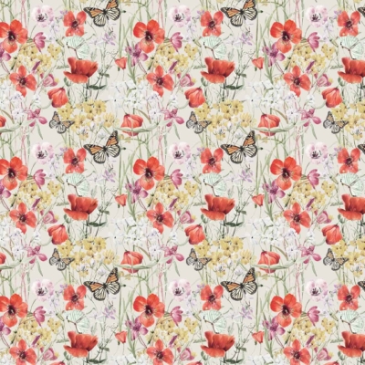 Discover a seamless wallpaper pattern inspired by Japanese design. It showcases delicate flowers in red, yellow, and pink hues, accompanied by interspersed green leaves and butterflies. The colorful motif is set against a light background for a vibrant and natural aesthetic. Key elements include: delicate flowers, red hues, yellow hues, pink hues, green leaves, butterflies, Japanese inspiration, light background.
