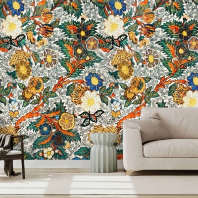 Brightly colored floral wallpaper with intricate patterns of various flowers and leaves in vibrant shades of yellow, orange, green, and blue.