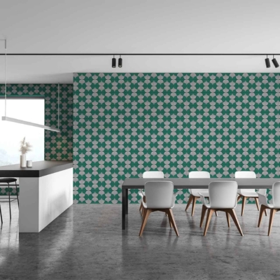 The modern dining area features eye-catching green and white diamond-patterned wallpaper. The geometric design draws attention with its alternating green and white diamonds, creating a bold visual statement. The pattern's symmetry and vibrant colors are distinctive elements that stand out, making it easily searchable by its characteristic green and white color scheme.