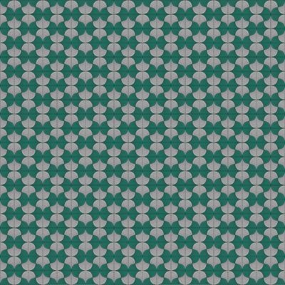 Seamless geometric pattern, interlocking shapes in green and gray. Design has rounded forms resembling eyes, creating a repetitive and symmetrical arrangement. Visually intricate and harmonious texture, featuring eye-like elements in green and gray colors. Keywords: geometric pattern, interlocking shapes, rounded forms, eyes, symmetrical arrangement, green and gray wallpaper.