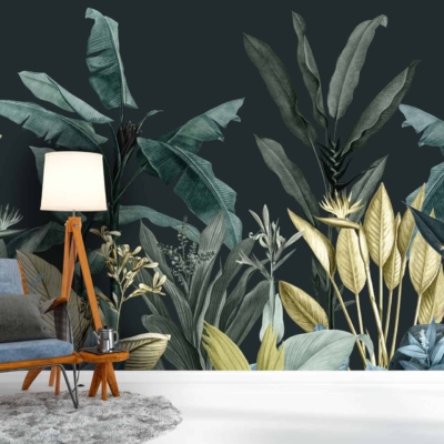 The living room's wallpaper showcases a tropical theme with large green and yellow banana leaves and various foliage.