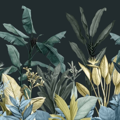 This detailed botanical wallpaper features an array of tropical plants with large, elongated leaves in vibrant shades of green, blue, and yellow. The intricate foliage details stand out against a dark background, creating a sense of relaxation ideal for a midday siesta.