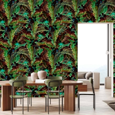 The modern dining room features a vibrant, leafy green patterned wallpaper. The wallpaper showcases an array of lush foliage in multiple shades of green, including emerald, lime, and olive, interspersed with delicate white accents. It creates a lively and refreshing backdrop with intricate leaf designs that evoke a tropical ambiance. The mix of bold green hues paired with fine white detailing ensures the wallpaper stands out as a key decorative element in the room.