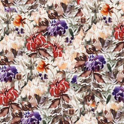 A vibrant watercolor floral wallpaper showcases a mix of red, purple, orange, and cream flowers. Abundant green and brown leaves form a rich, intricate backdrop. The dense foliage creates an enchanting garden-like appearance. Perfect for search terms like