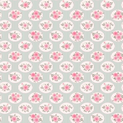 Vintage wallpaper design featuring pink roses in circular frames, light green and white striped background, classic elegance, nostalgic floral motif, Jojo charm.