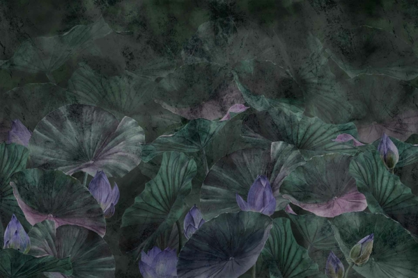 A serene, dark-toned wallpaper featuring large, lush green leaves with budding and partially bloomed bluish-purple flowers. Dense, layered foliage creates a rich tapestry against a shadowy background. Colors: lush green, bluish-purple, shadowy textured tones.