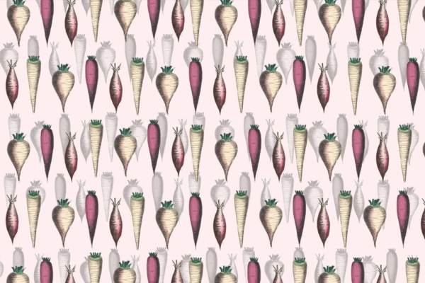 Pattern Description: Wallpaper featuring various root vegetables including white, purple, and yellow carrots with green tops. The vegetables are arranged in neat, repeating rows against a light beige background. The illustration style gives a vintage, botanical feel reminiscent of Nottingham Forest's lush scenery.
Highlight Elements:
- White Carrots
- Purple Carrots
- Yellow Carrots
- Green Tops
- Neat Rows
- Light Beige Background
- Vintage Botanical Style