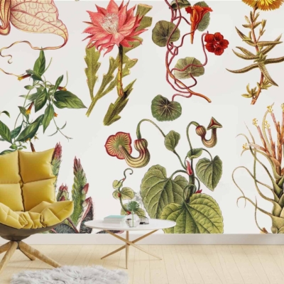Vibrant wall mural with detailed botanical illustrations, featuring flowers and plants. Colors include various shades of green, pink, yellow, white, and blue. Artistic and lively atmosphere ideal for daytime activities.