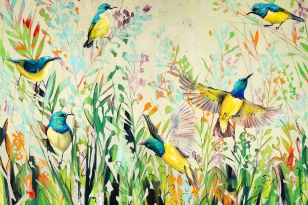 A vibrant illustration of seven small birds with blue and yellow feathers amidst colorful leafy plants and flowers wallpaper. Two birds in flight between blossoms, others perched among shades of green, red, and purple foliage. Vivid nature scene.