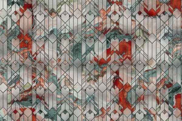 Intricate geometric stained-glass window style pattern. Background: swirling marble textures in shades of red, green, and white. Abstract design includes delicate daisy chain motif for floral elegance. Keywords: geometric shapes, stained glass, swirling marble textures, red, green, white, daisy chain motif.