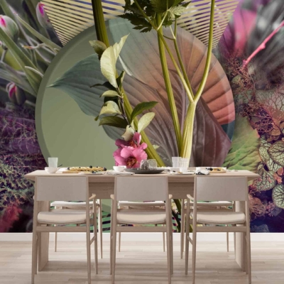 Striking wall mural featuring a colorful collage of tropical foliage and abstract patterns. Elements include vibrant green leaves, bold pink flowers, deep blue accents, and splashes of orange and yellow. Artistic design blends natural motifs with geometric shapes for a modern touch.