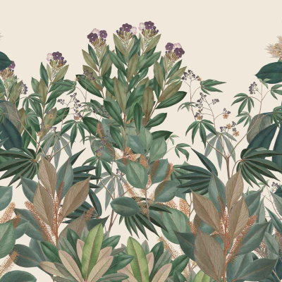 Botanical wallpaper featuring a variety of Brazilian plants with green leaves and clusters of brown, white, and purple flowers. Detailed foliage in different shapes and textures set against a light beige background.