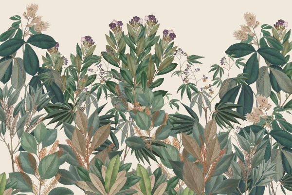Botanical wallpaper featuring a variety of Brazilian plants with green leaves and clusters of brown, white, and purple flowers. Detailed foliage in different shapes and textures set against a light beige background.