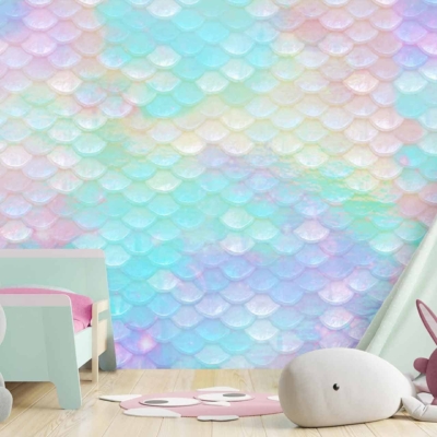 The wallpaper in the child's room features a pastel-colored scale pattern with soft hues. The scales include gentle shades of pink, blue, green, and yellow.