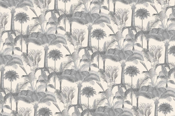 Patterned wallpaper featuring a repeated design of palm trees and various tropical foliage. Grayscale, vintage monochromatic effect. Light background, darker tones for tree illustrations. Tropical, vintage-inspired decor.