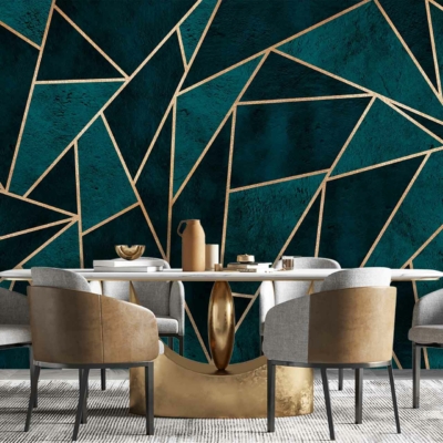 Geometric wall design in teal with gold accents, reminiscent of patterns seen in psychic readings.