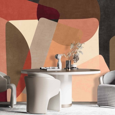 The wallpaper features a bold, abstract mural with large, overlapping colorful shapes. It showcases vibrant colors such as red, blue, yellow, green, and pink. The design exudes dynamic energy and adds an artistic flair to the dining room ambiance.