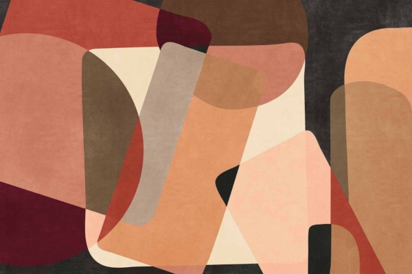 Abstract wallpaper featuring overlapping geometric shapes such as rectangles, ovals, and triangles in warm tones including red, brown, and beige. The dark muted background accentuates the layered and dynamic composition reminiscent of exam questions.